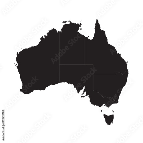 Silhouette map of Australia showcasing its regional boundaries in a minimalist black design for educational or geographical use.