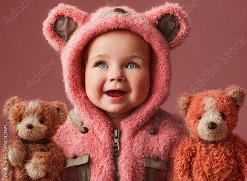 A baby, dressed in a rosy-pink bear-themed jacket, smiles warmly, holding teddy bears.