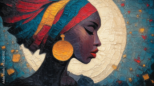 A woman's profile, adorned with vibrant colors and a textured headwrap, is captured in a powerful, artistic style.