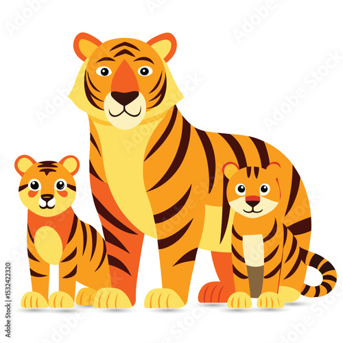 A cute striped tiger cub, a cartoon feline illustration, is isolated in a set of wild baby animals from the jungle