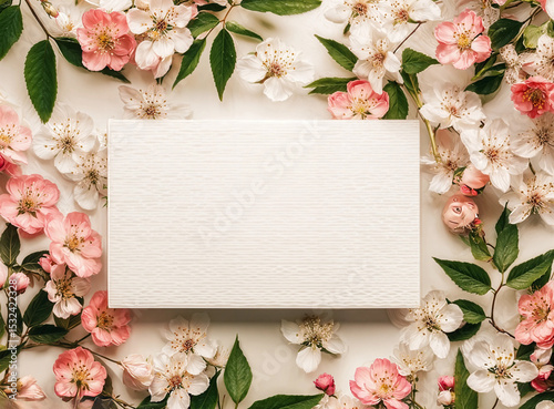 A minimalist composition featuring a blank white surface, surrounded by a vibrant array of spring flowers, creating a visually appealing backdrop.