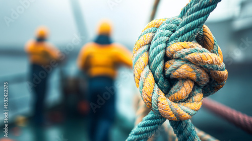 Close-up of a sea rope knot on a rescue ship highlighting rescuers in action during a maritime operation on a foggy day