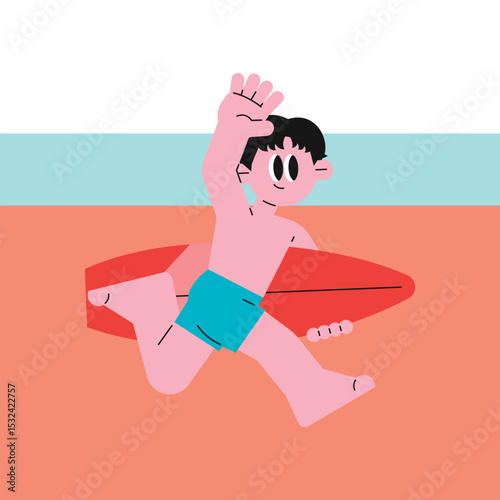 Happy surfer running on the beach with his red surfboard on a sunny day