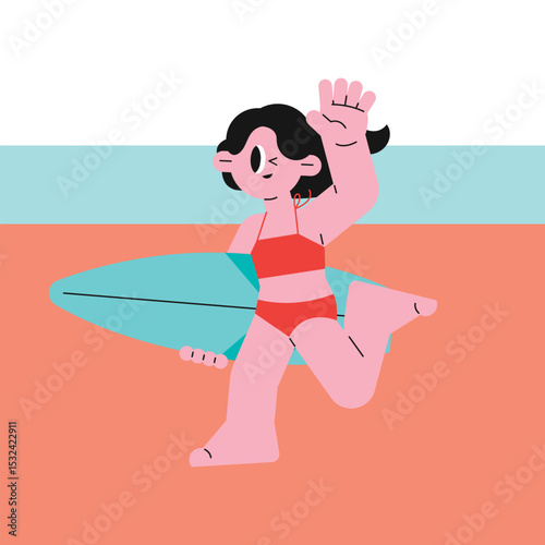 Girl surfing on a sunny beach. surfboard on a sunny day