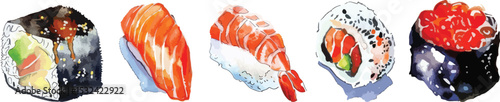 Sushi Set Vector Illustration. Japanese Food on White Background.