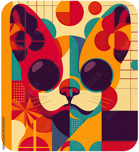 a stylized, abstract illustration of a cat's face, featuring bold colors and geometric shapes. The cat has large, black eyes, a pink nose, and is surrounded by various geometric patterns and shapes.