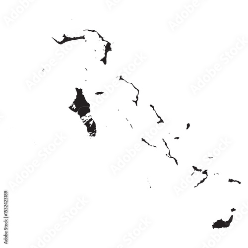 Silhouette map of the Bahamas showcasing its island boundaries in a minimalist black design for travel or educational use.