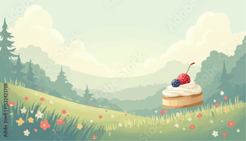 Cake with berries in nature landscape