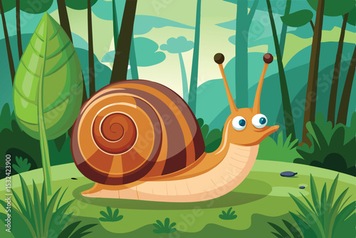 Cute cartoon snail with a funny shell on a green leaf, a slow garden mollusk illustration
