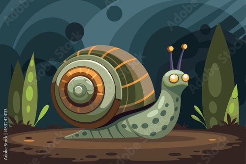Funny cartoon snail with a cute shell on a green background