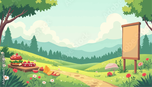 Cartoon picnic scene in nature with food and billboard