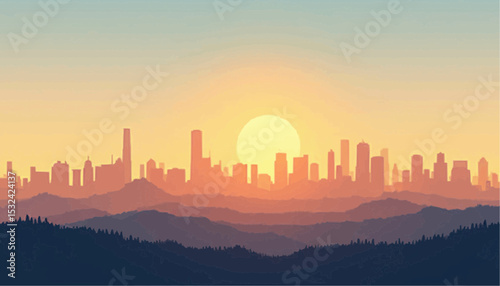 City skyline at sunset with mountains