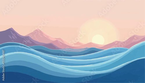 Ocean Wave Sunrise with Mountains Illustration