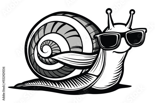 Cute cartoon snail with a spiral shell on a garden road