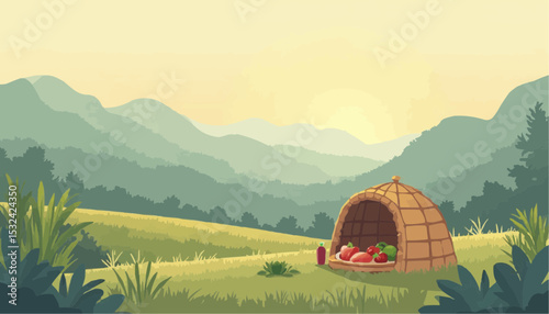 Hut and Fruits on a Mountain Landscape