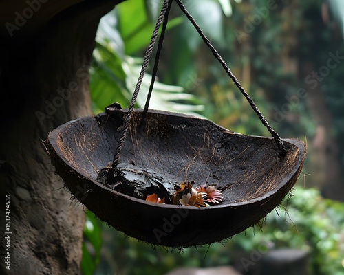 Hanging Coconut Shell Bowl with Flowers Jungle Decor