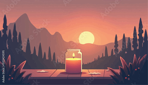 Jar Candle on Wood Table at Sunset Landscape Illustration