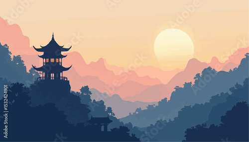Asian Pagoda in Mountain Landscape at Sunset