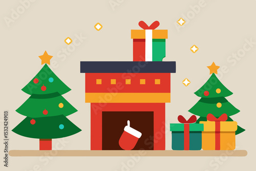 Cozy Christmas Fireplace Scene with Gifts and Trees Festive Holiday Illustration