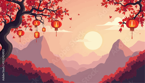 Chinese lantern hanging over mountain at sunset