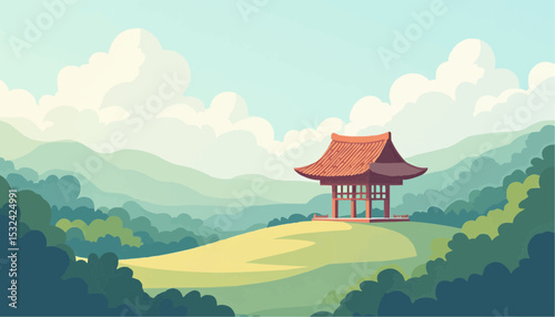 Pagoda on Hill With Mountain Background