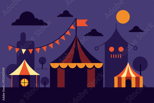Spooky Carnival Night Dark Circus Illustration Featuring Haunted Tents and Festive Flags