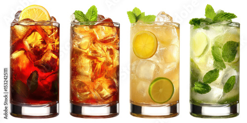 Realistic cocktails on white background with bright colors front view