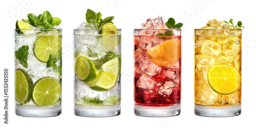 Realistic cocktails on white background vibrant colors minimal composition