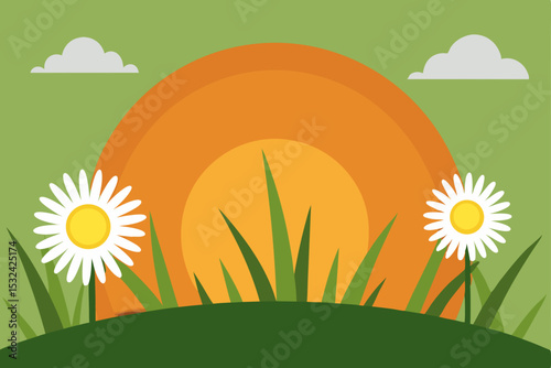 Serene Sunset Meadow Daisies, Grass, and Peaceful Evening Glow