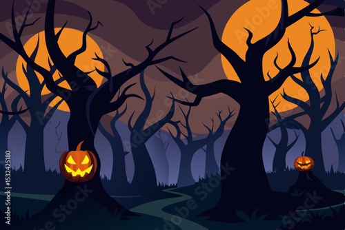 Spooky Halloween Forest Jack-o'-lanterns and Twisted Trees Under a Glowing Moon