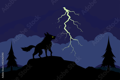 Lone Wolf Howling Under a Stormy Night Sky Silhouette Illustration