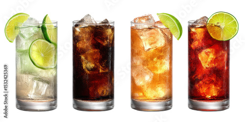 Realistic cocktails on white background with clipping paths bright colors
