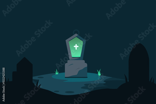 Mysterious Graveyard Tombstone at Night Glowing Green Cross Illustration