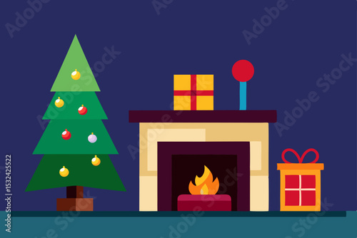Cozy Christmas Fireplace Scene Festive Holiday Decor with Christmas Tree and Gifts