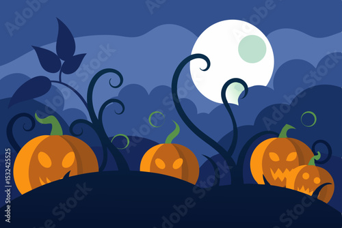 Spooky Halloween Night Jack-o'-lanterns under the Harvest Moon