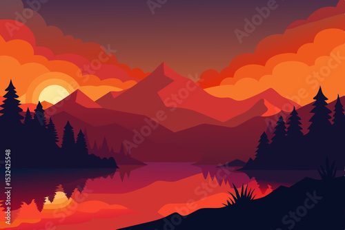Fiery Sunset over Mountain Lake A Stunning Landscape Illustration