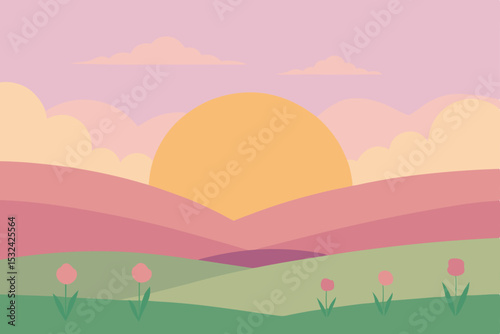 Serene Sunset Landscape Pastel Hills and Blooming Tulips