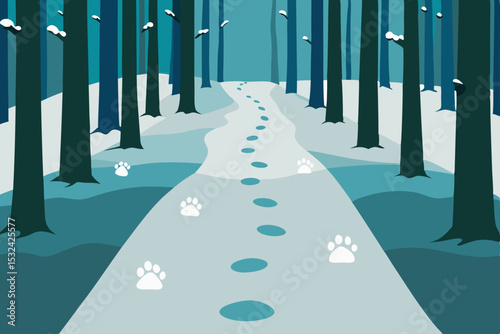 Winter Wonderland Following Paw Prints Through a Snowy Forest Path