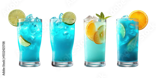 Bright colorful realistic cocktails in a straight row on white background
