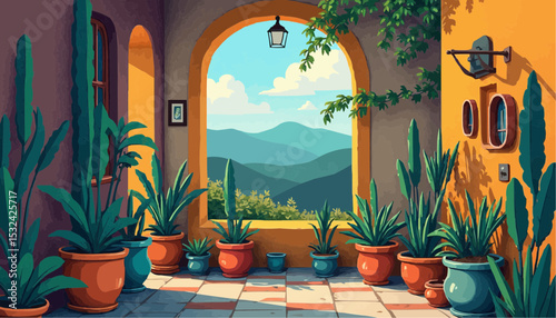 Courtyard with Plants and Mountain View