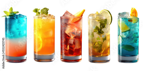 Realistic cocktails on white background with clipping paths bright colors