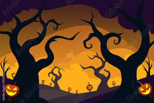 Spooky Halloween Night Glowing Jack-o'-lanterns in a Creepy Forest