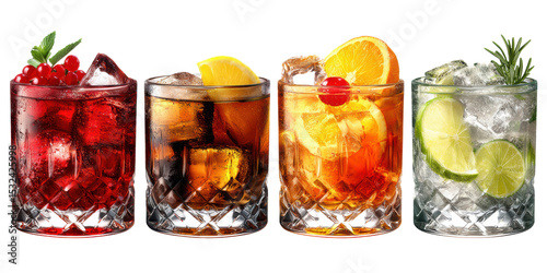 Colorful realistic cocktail set on white background isolated 4k