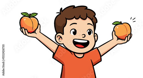 Young boy smiling and holding peaches with excitement on  transparent background  