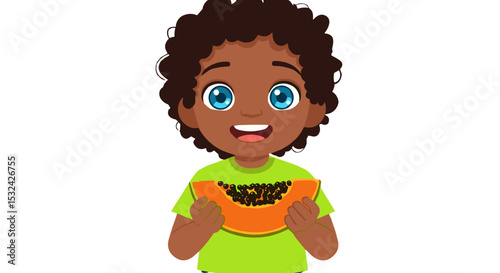 Happy boy holding slice of papaya while smiling in a colorful shirt on transparent background  