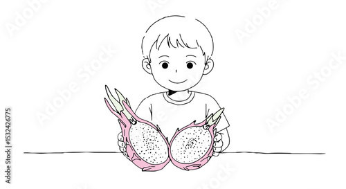 Young boy holding dragon fruit with a smile in a simple setting on transparent background  