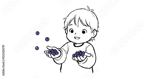 Young boy happily holding blueberries in both hands against on transparent background  