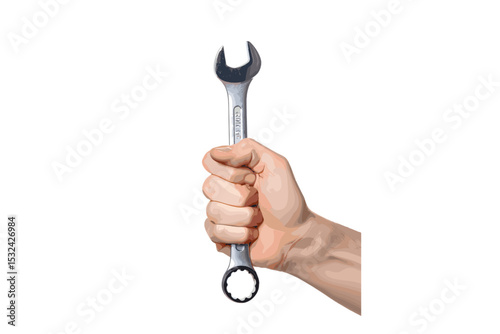 A silver combination wrench held vertically by a hand against a pure white background