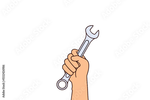 A silver combination wrench held vertically by a hand against a pure white background