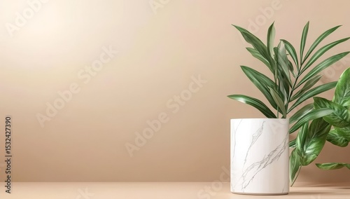 For the purpose of presenting, promoting, and selling cosmetics products, a platform is equipped with a podium boasting soft orange and white tones, geometric designs, and a pedestal made of marble